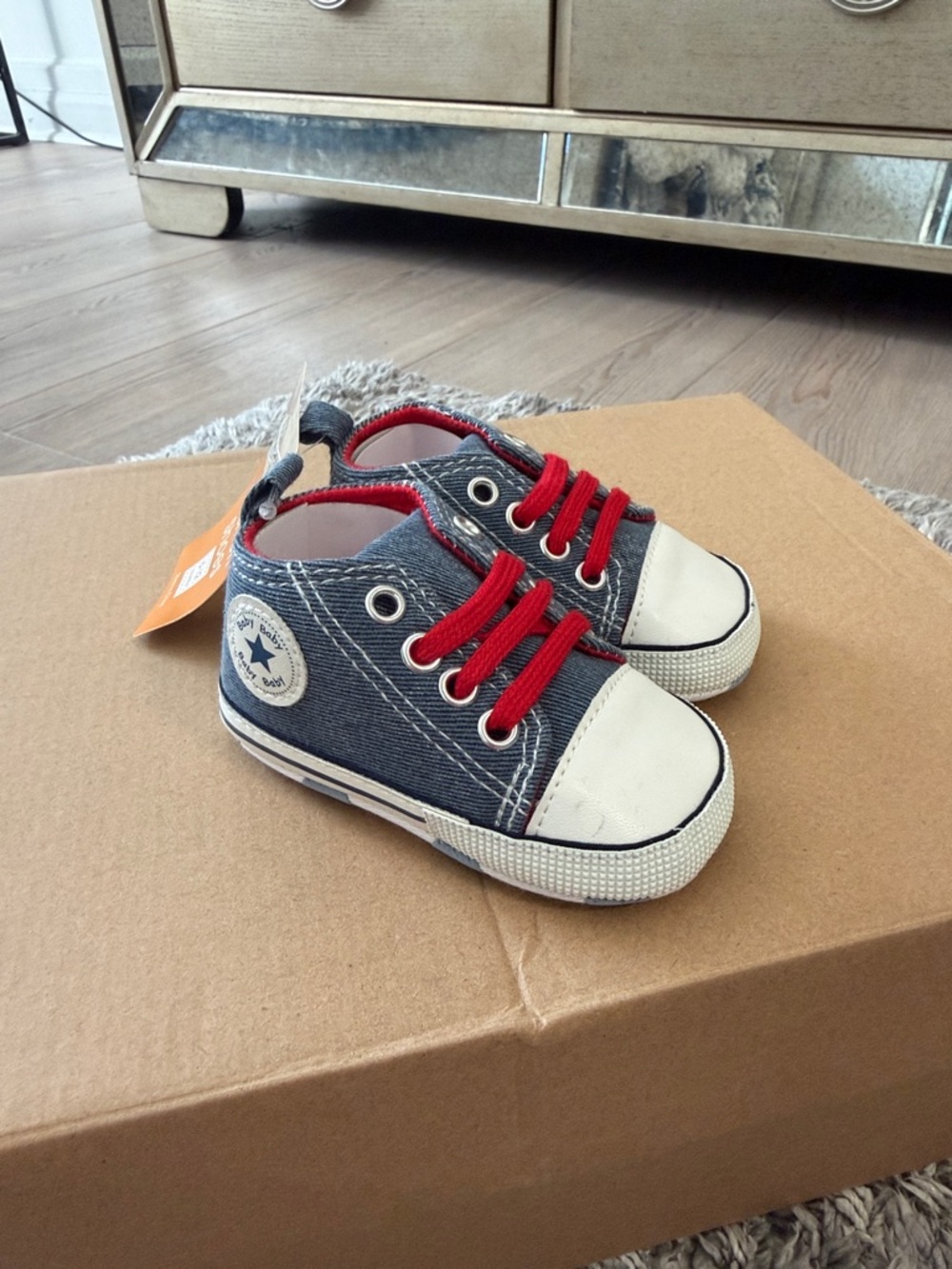 CONVERSE LOOK ALIKE BABY DENIM LOW-TOP SNEAKERS WITH RED LACES - NEW WITH TAGS